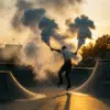 Fumigène à main blanc en pleine activation, dégageant une fumée dense et homogène dans un espace extérieur.