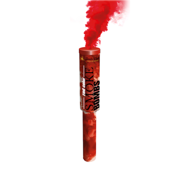 Fumigène à main rouge en activation, libérant une fumée dense et vibrante dans un espace extérieur.
