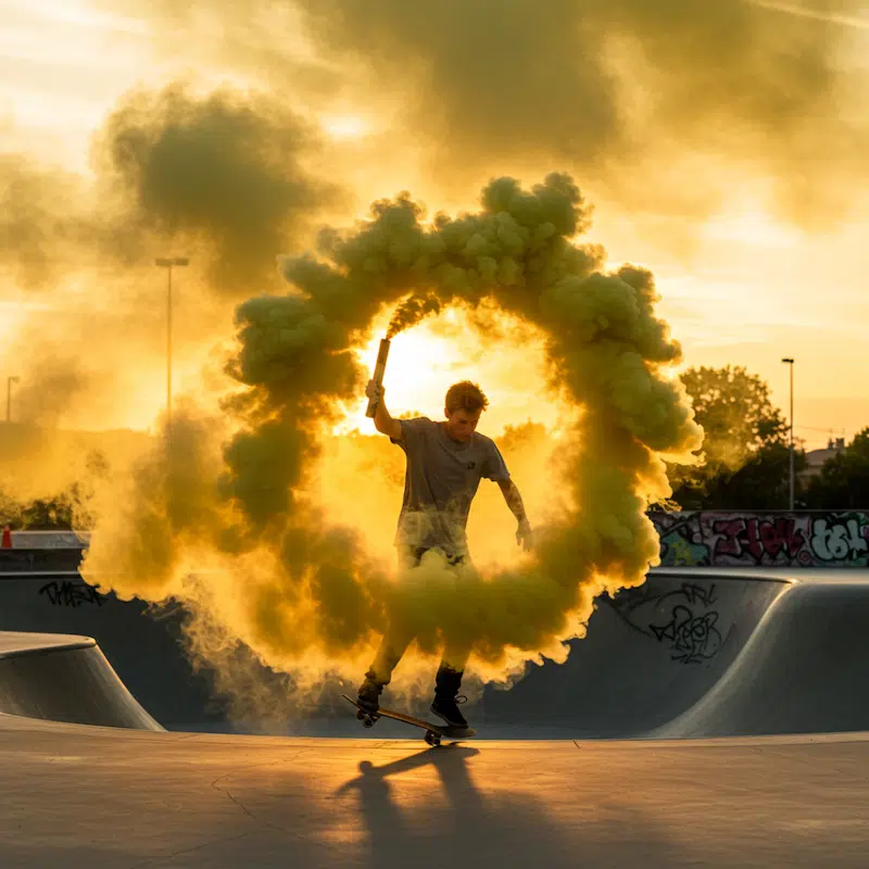 Fumigène à main jaune longue durée, activation à goupille, diffusant une fumée dense pendant 100 secondes. Idéal pour mariages, événements sportifs et effets spéciaux.