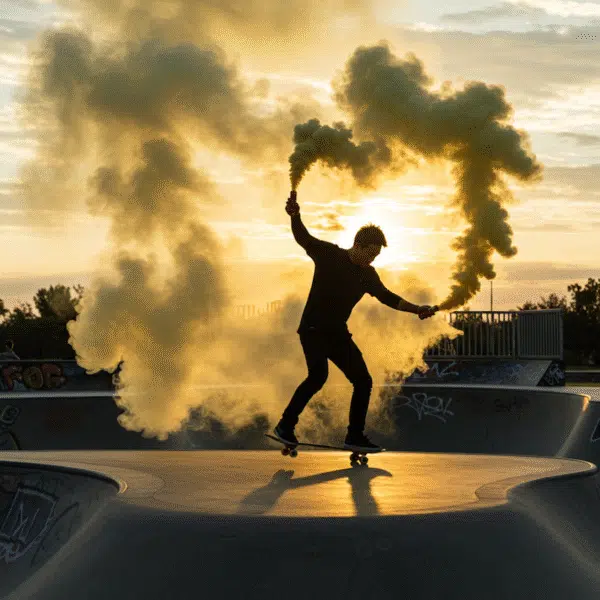 Fumigène à main jaune longue durée, activation à goupille, diffusant une fumée dense pendant 100 secondes. Idéal pour mariages, événements sportifs et effets spéciaux.