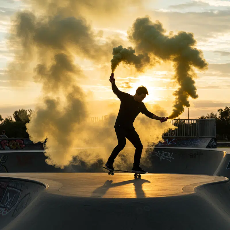 Fumigène à main jaune longue durée, activation à goupille, diffusant une fumée dense pendant 100 secondes. Idéal pour mariages, événements sportifs et effets spéciaux.