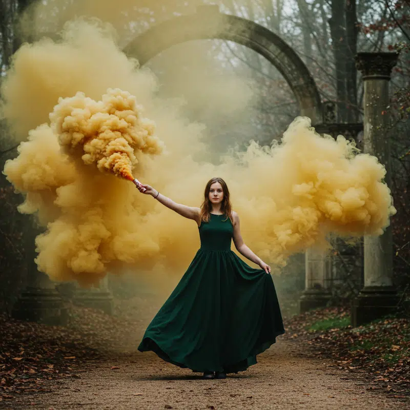 Fumigène à main jaune longue durée, activation à goupille, diffusant une fumée dense pendant 100 secondes. Idéal pour mariages, événements sportifs et effets spéciaux.