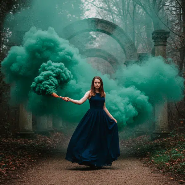 Fumigène à main vert longue durée, activation à goupille, diffusant une fumée dense pendant 100 secondes. Idéal pour mariages, événements sportifs et effets spéciaux.