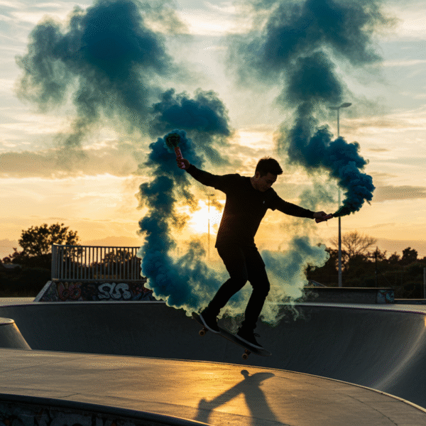 Fumigène à main bleu longue durée, activation à goupille, fumée dense pendant 100 secondes. Idéal pour mariages, événements sportifs et effets spéciaux.