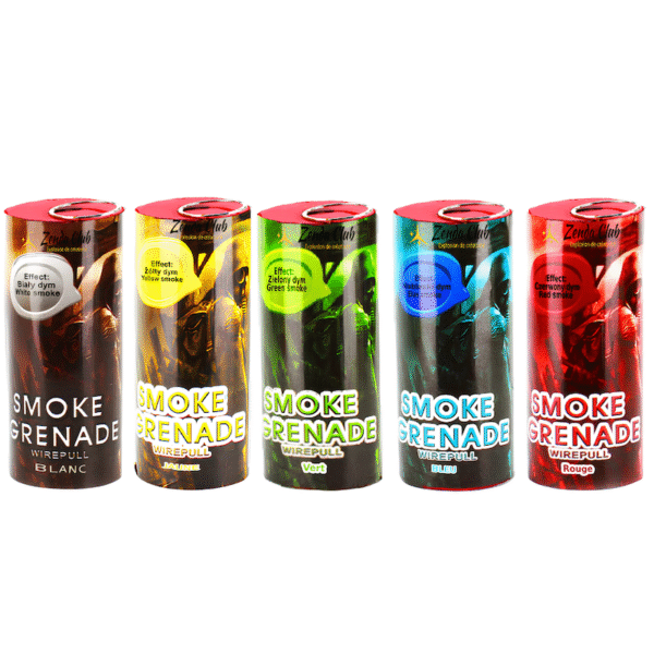 Pack de 5 fumigènes à main multicolores dégageant une fumée dense et vibrante en rouge, vert, bleu, blanc et jaune.