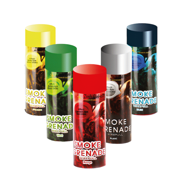 Pack de 5 fumigènes à main multicolores dégageant une fumée dense et vibrante en rouge, vert, bleu, blanc et jaune.