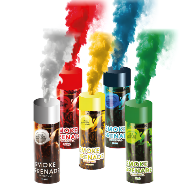 Pack de 5 fumigènes à main multicolores dégageant une fumée dense et vibrante en rouge, vert, bleu, blanc et jaune.