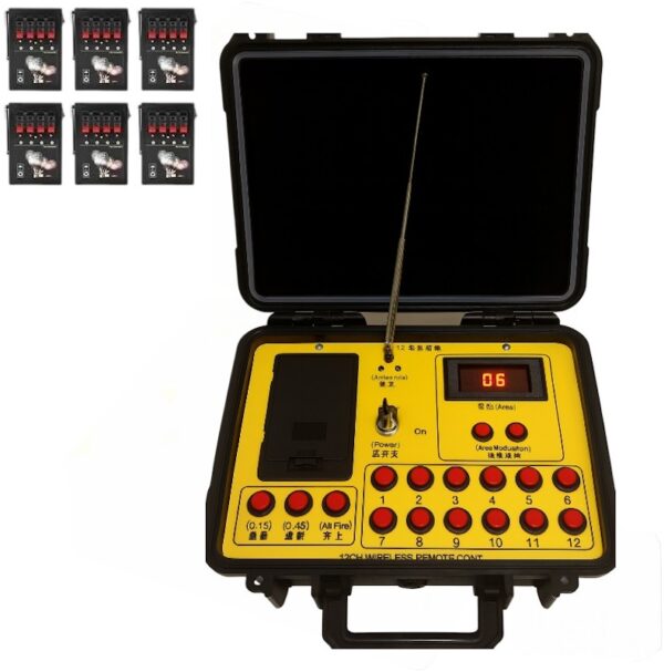système de tir pyrotechnique 24 canaux Zenda Club dans une mallette rigide – panneau de commande jaune avec antenne, écran digital et boutons rouges pour le déclenchement à distance des effets spéciaux.