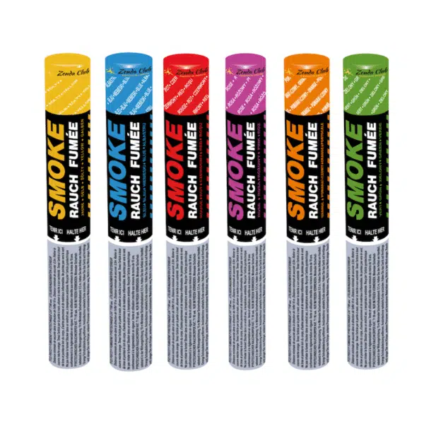 Six fumigènes à main de différentes couleurs (rouge, vert, bleu, blanc, orange et jaune) produisant une fumée dense pendant 90 secondes.