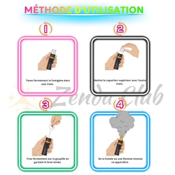 Cinq fumigènes de différentes couleurs émettant de la fumée dense.