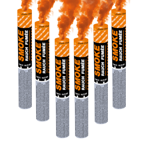 Fumigène à main orange produisant une fumée dense pendant 120 secondes.