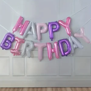 Ballon de 40 cm en aluminium violet, rose et gris "Happy Birthday"