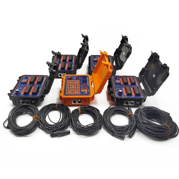 Système de tir filaire DBR02-X24-96P pour feux d’artifice, garantissant une mise à feu sécurisée et sans interférences.
