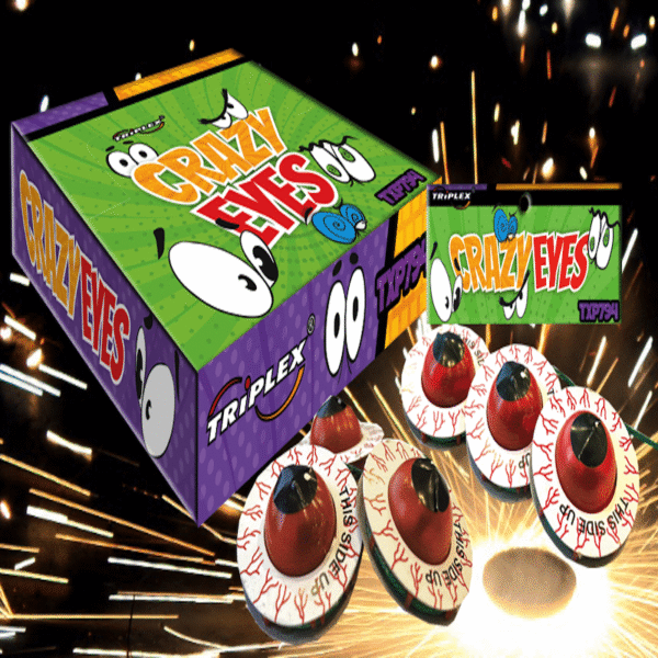 Coffret de trois toupies pyrotechniques Crazy Eyes - TXP794, produisant des étincelles colorées et des crépitements avant une explosion finale modérée.