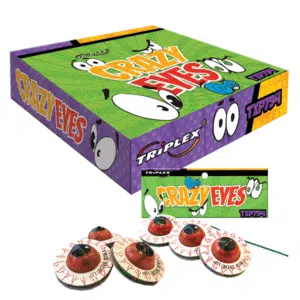 Coffret de trois toupies pyrotechniques Crazy Eyes - TXP794, produisant des étincelles colorées et des crépitements avant une explosion finale modérée.