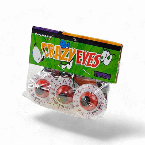 Coffret de trois toupies pyrotechniques Crazy Eyes - TXP794, produisant des étincelles colorées et des crépitements avant une explosion finale modérée.