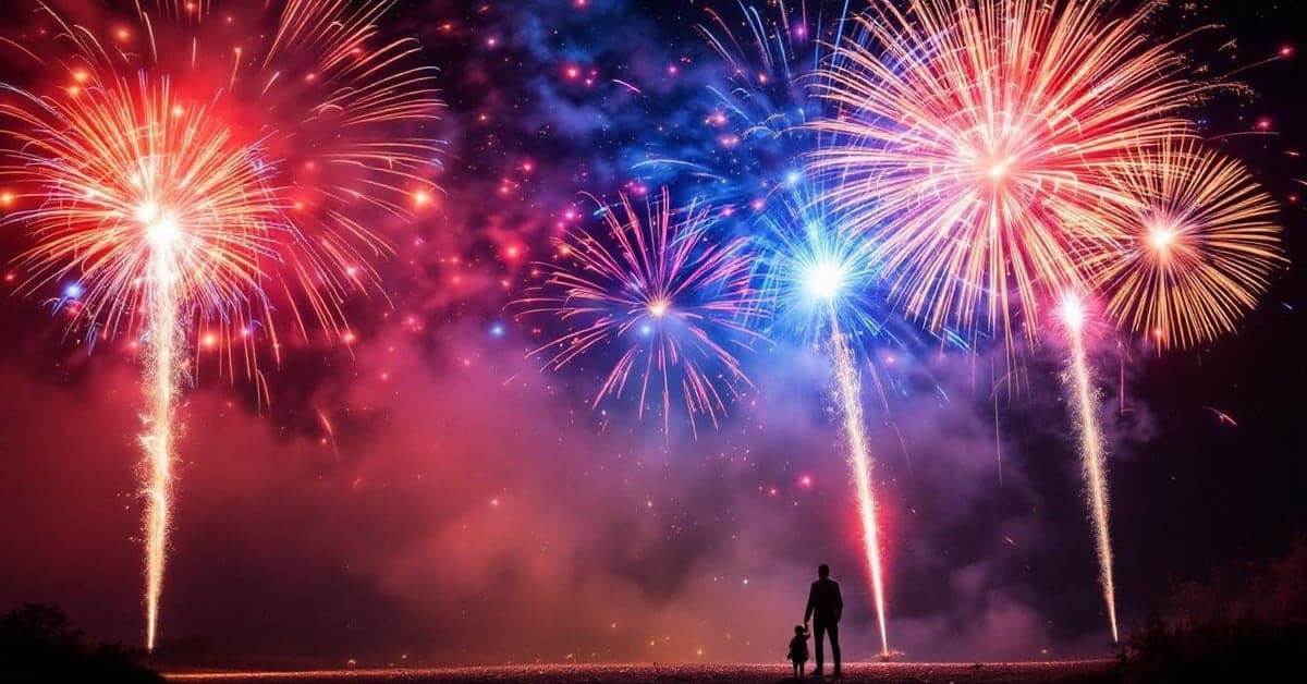 Différents calibres de mortiers feux d'artifice illuminant le ciel nocturne avec des explosions colorées