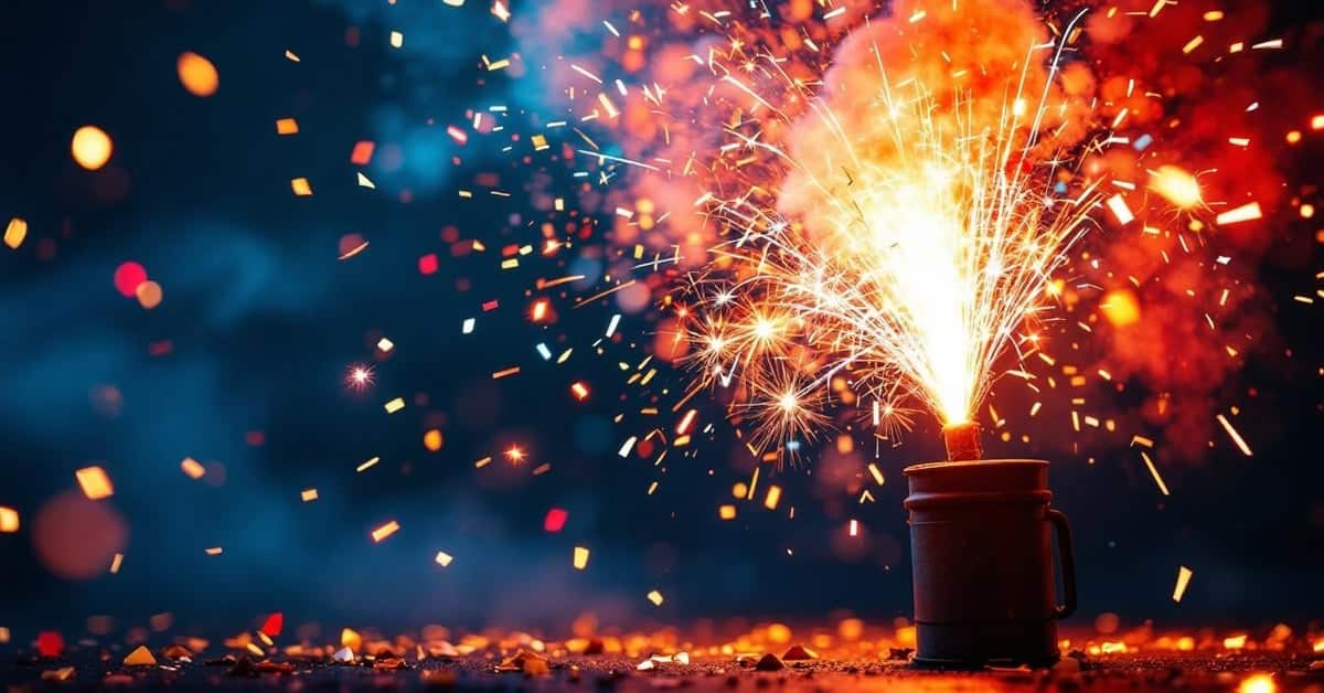 Mortier feux d'artifice en action avec explosions colorées dans le ciel nocturne lors d'un spectacle pyrotechnique