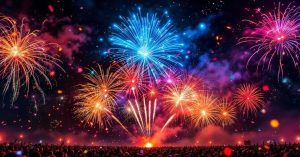 Mortier feux d'artifice explosant dans le ciel nocturne avec effets pyrotechniques colorés rouge orange bleu