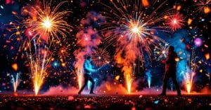 Pétard à mèche avec étincelles colorées illuminant la nuit lors d'une célébration festive