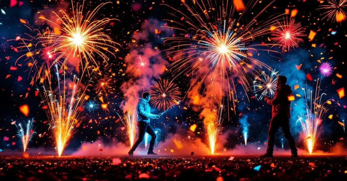 Pétard à mèche avec étincelles colorées illuminant la nuit lors d'une célébration festive