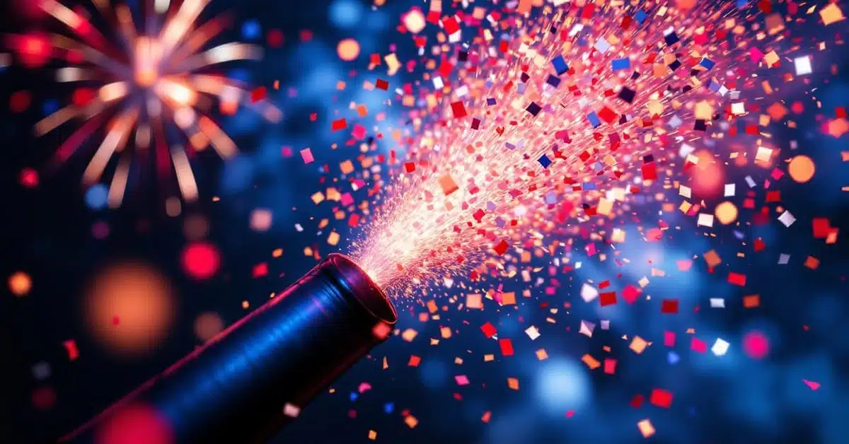 Canon à confettis explosant avec confettis colorés en vol lors d'une fête nocturne ambiance festive
