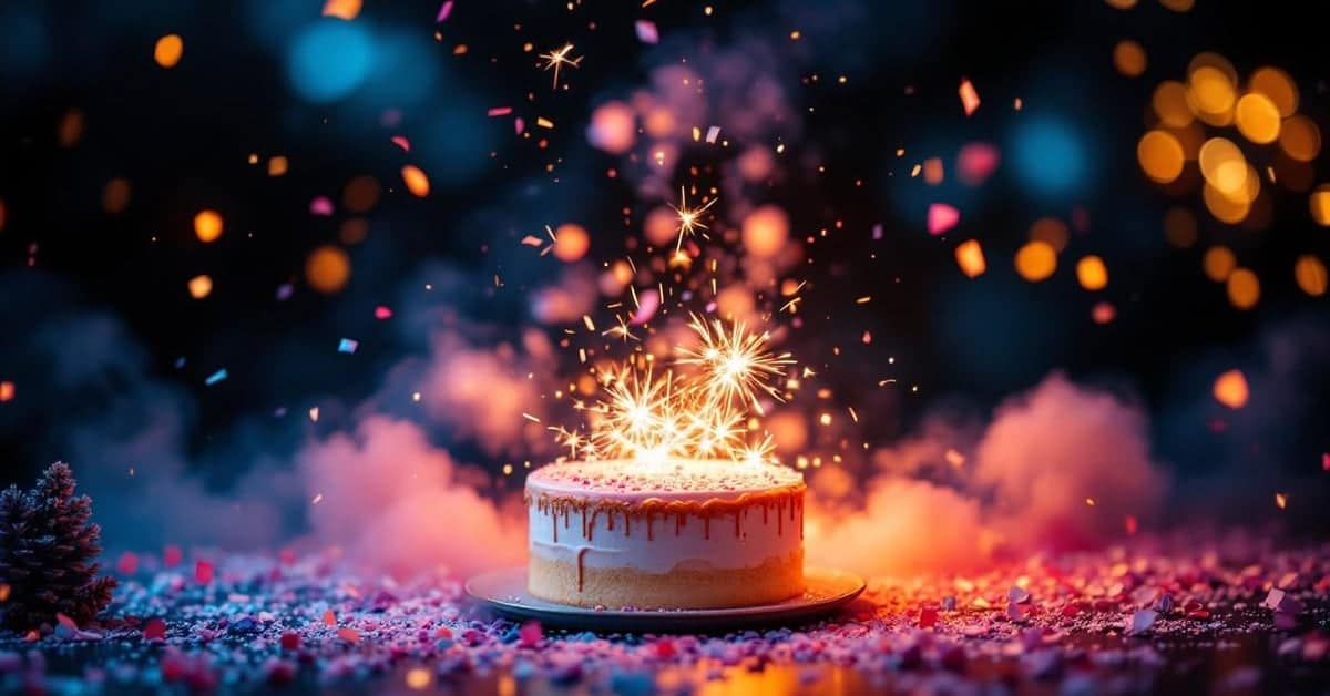 Fontaine à gâteau avec cierges magiques projetant des étincelles dorées lors d'une fête nocturne
