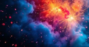 Fumigènes colorés produisant des volutes de fumée rouge, bleue et violette sur fond noir spectaculaire