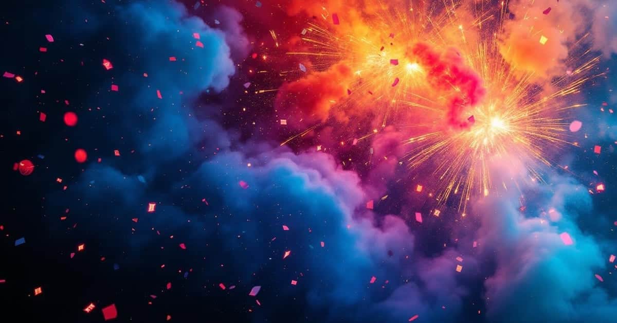 Fumigènes colorés produisant des volutes de fumée rouge, bleue et violette sur fond noir spectaculaire
