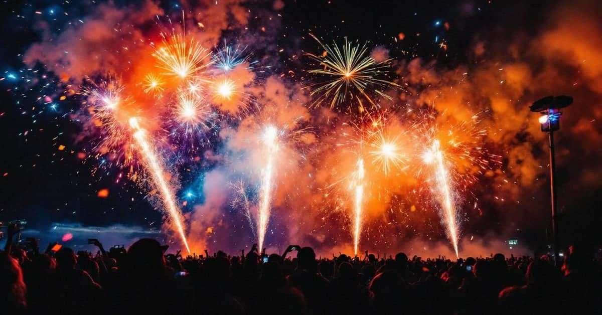Jets de scène pyrotechniques colorés illuminant un événement nocturne avec étincelles et effets lumineux