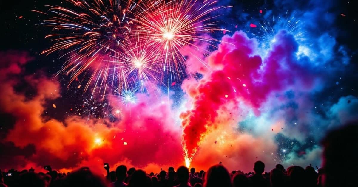 Machine à effets spéciaux en action lors d'un événement festif avec confettis, fumée colorée et lumières