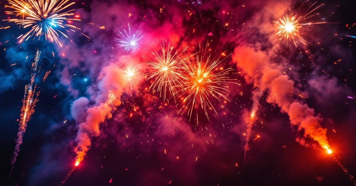 Mortier 8 coups en action la nuit avec des éclats pyrotechniques rouges, oranges et violets sur fond sombre