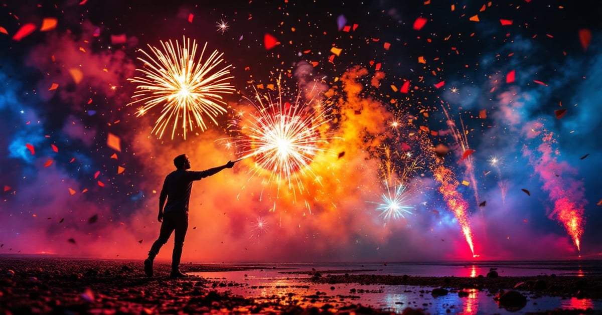 Mortier 8 coups pyrotechnique avec effets colorés rouges, oranges et violets explosant dans un ciel nocturne