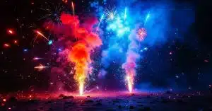 Mortier pas cher en action : feux d'artifice colorés explosant dans un ciel nocturne lors d'une fête