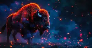 Pétard Bison en action avec explosions colorées rouge et orange sur fond noir nocturne