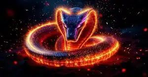 Pétard Démon Cobra F2 en action avec effets pyrotechniques rouges et oranges sur fond noir nocturne