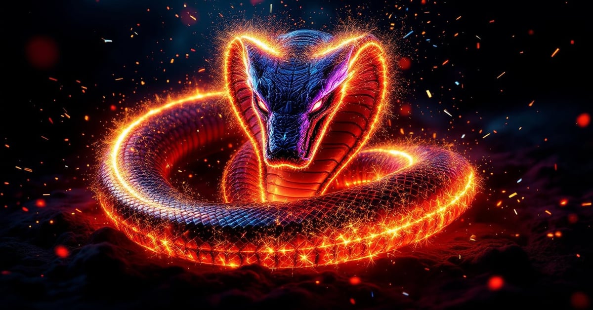 Pétard Démon Cobra F2 en action avec effets pyrotechniques rouges et oranges sur fond noir nocturne