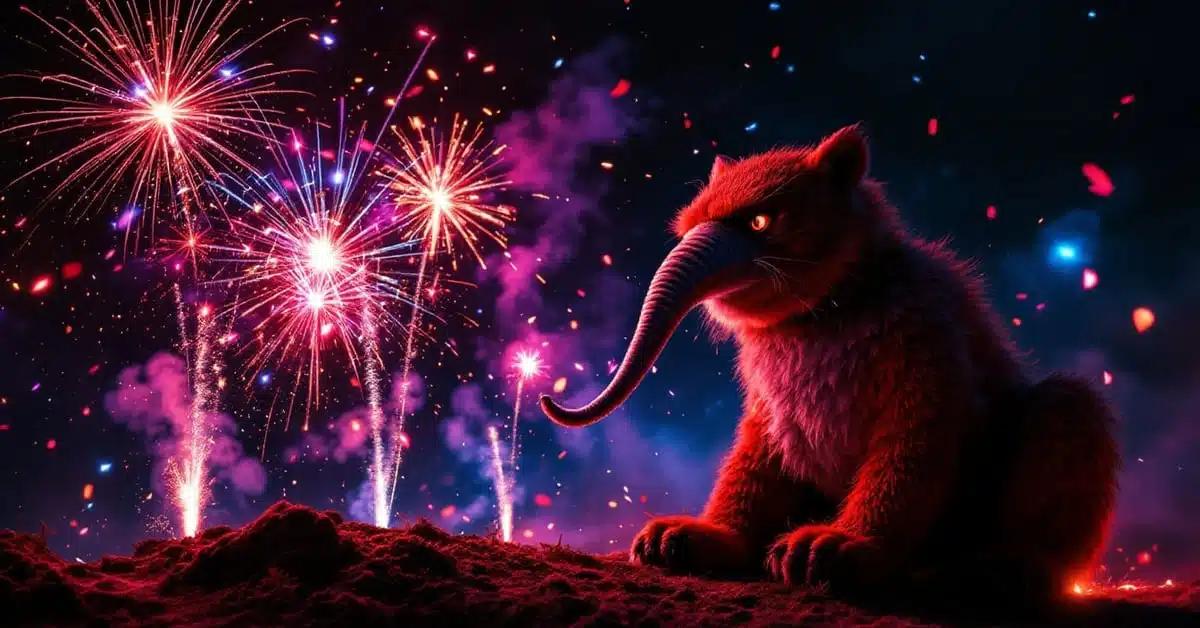 Pétard mammouth en action avec explosions lumineuses rouge et orange sur fond noir nocturne