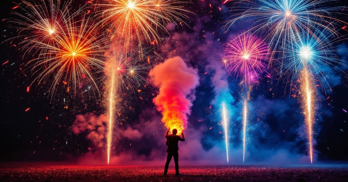 Pétard polonais en action avec effets pyrotechniques colorés rouge, orange et violet sur fond noir nocturne