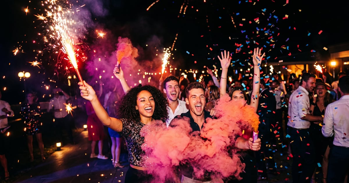 Alternatives légales aux pétards puissants : fumigènes colorés et feux d'artifice lors d'une fête nocturne