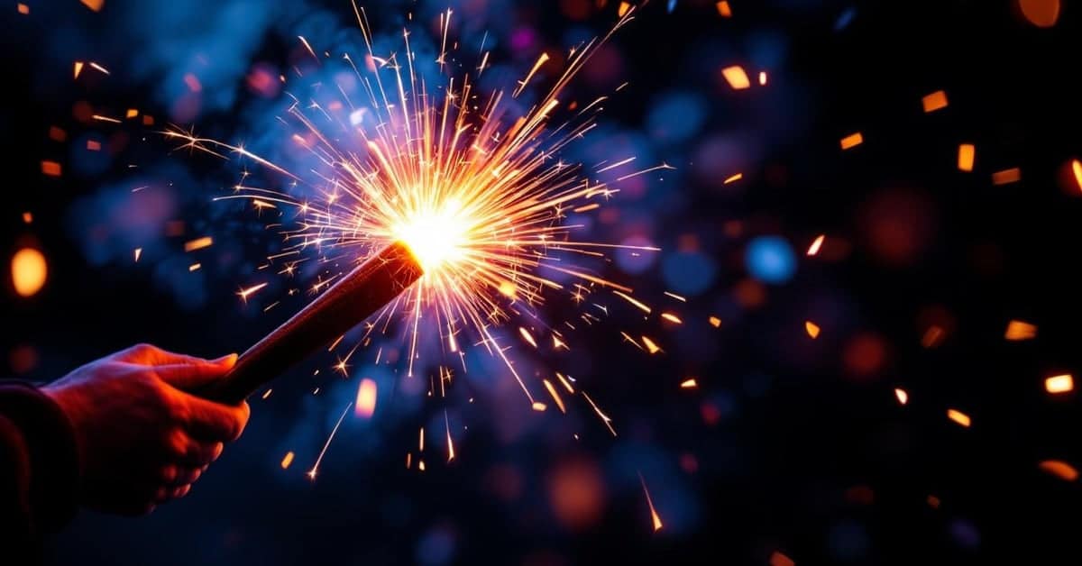 Torche pyrotechnique allumée lors d'un événement nocturne avec flammes rouges et orangées spectaculaires