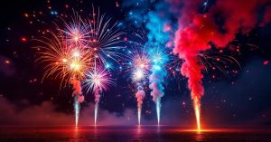 Types de pétards variés avec effets pyrotechniques colorés – rouge, orange et violet sur fond noir