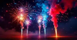 Types de pétards variés avec effets pyrotechniques colorés – rouge, orange et violet sur fond noir