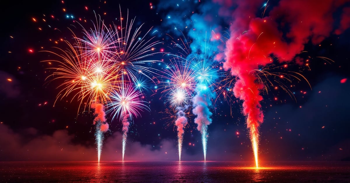 Types de pétards variés avec effets pyrotechniques colorés – rouge, orange et violet sur fond noir