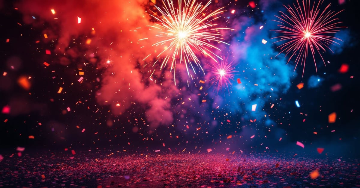 Types de pétards colorés en action : clac-doigt, chaîne 100 coups et fumigènes lors d'une fête nocturne