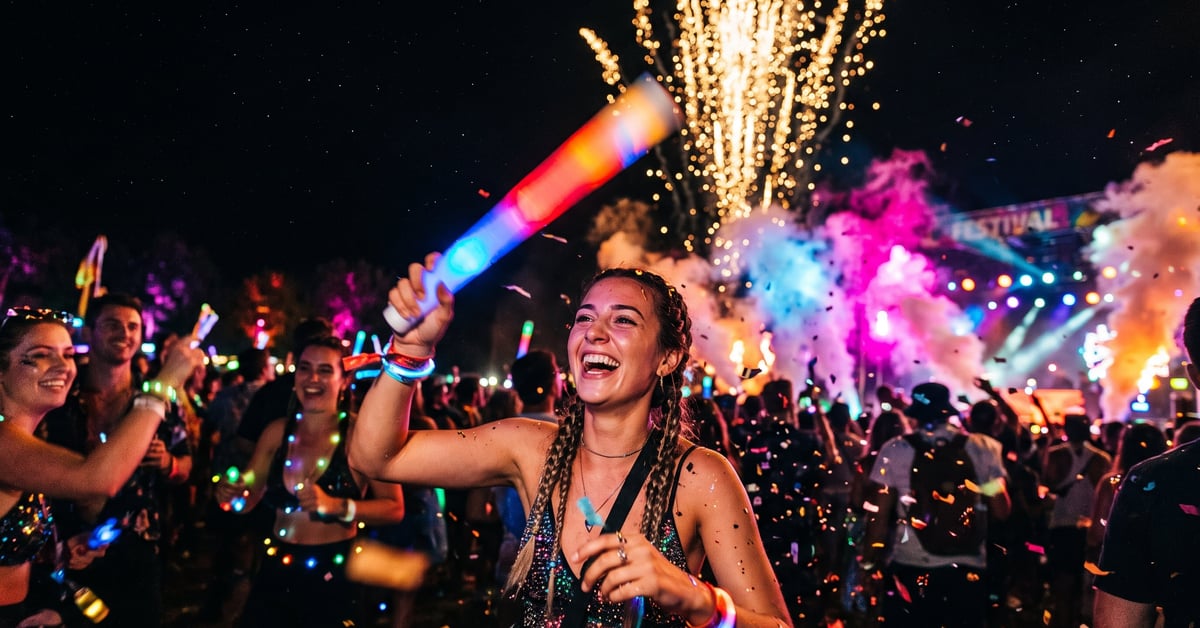 Bâton lumineux LED coloré tenu en main lors d'un concert ou événement festif nocturne