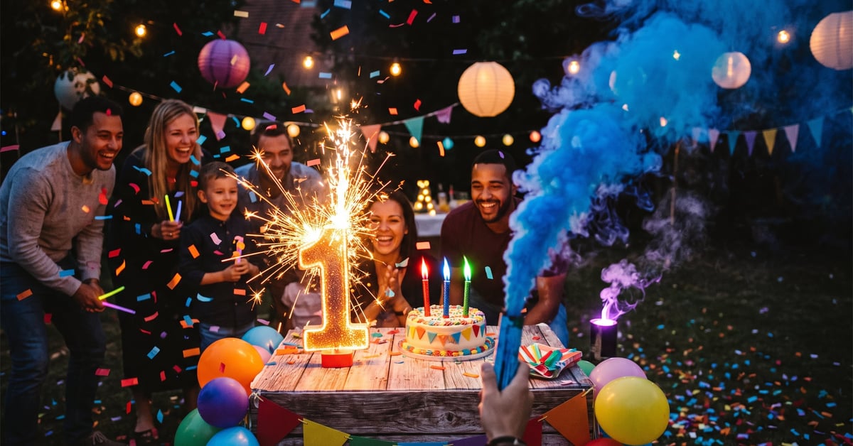 Bougies colorées pour anniversaire 1 an avec étincelles festives sur fond sombre