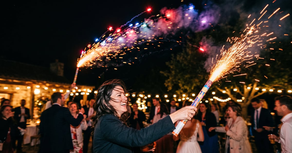 Chandelle romaine projetant des étoiles colorées dans le ciel nocturne lors d'un feu d'artifice festif