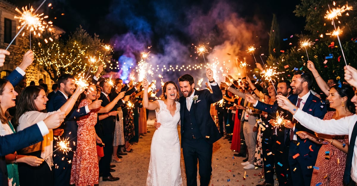 Cierges magiques mariage avec gerbes d'étincelles colorées lors d'une cérémonie nocturne féerique