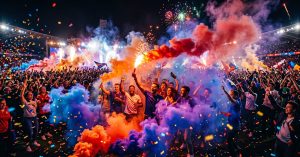 Fumigène coloré projetant une épaisse fumée rouge et bleue lors d'un événement festif nocturne